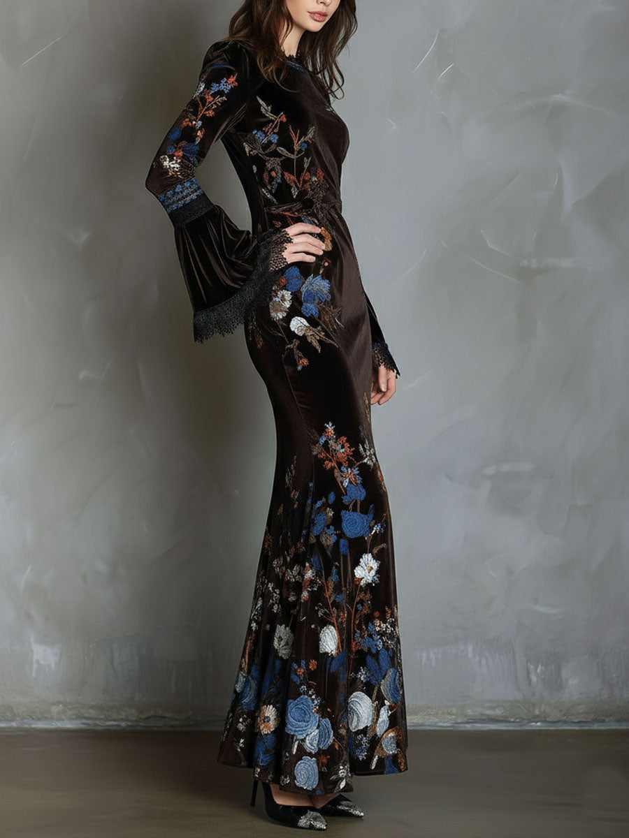 Φόρεμα Elegance Midnight Velvet με Λουλούδια και Δαντέλα