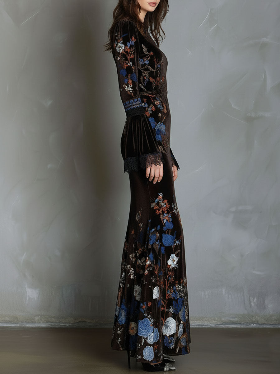 Φόρεμα Elegance Midnight Velvet με Λουλούδια και Δαντέλα