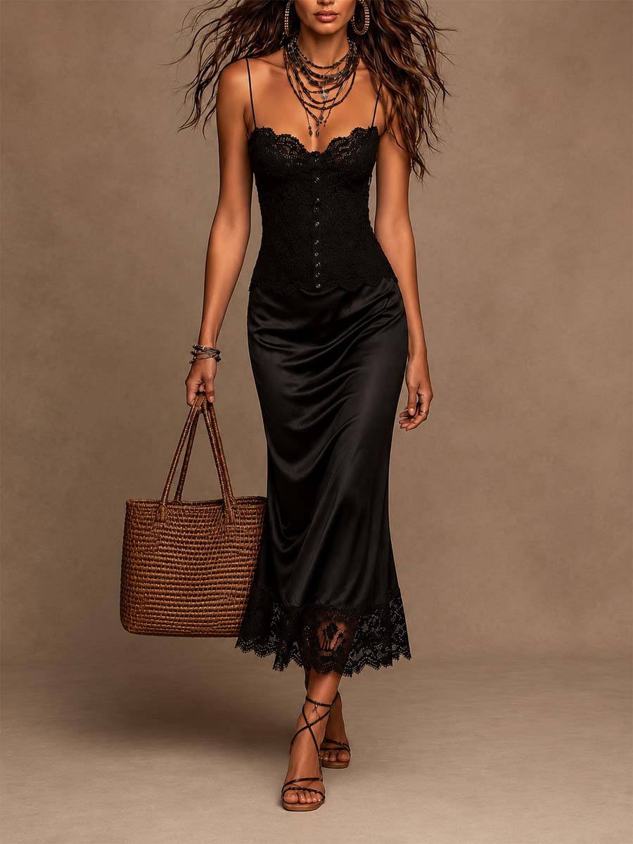 Retro Lace Camisole Midi Dress with Satin Lace Hem