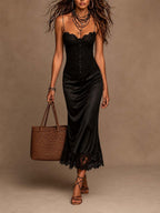 Retro Lace Camisole Midi Dress with Satin Lace Hem