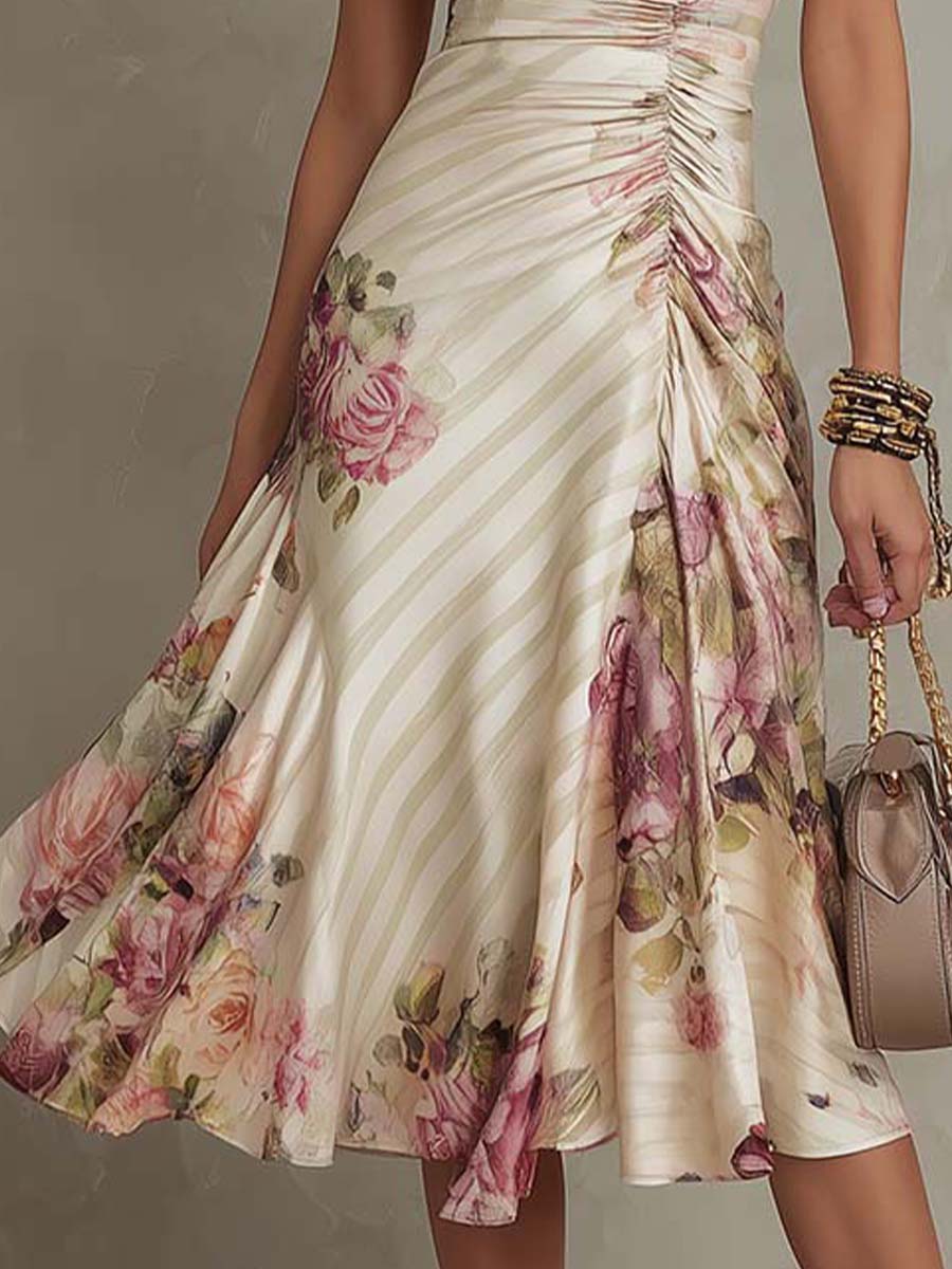 Κομψό Vintage Floral Midi Φόρεμα από Σατέν