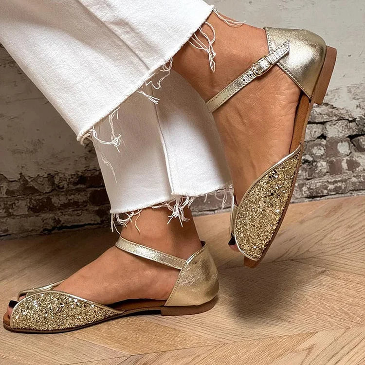Bruna - Peep Toe Σανδάλια με Χρυσό Γκλίτερ