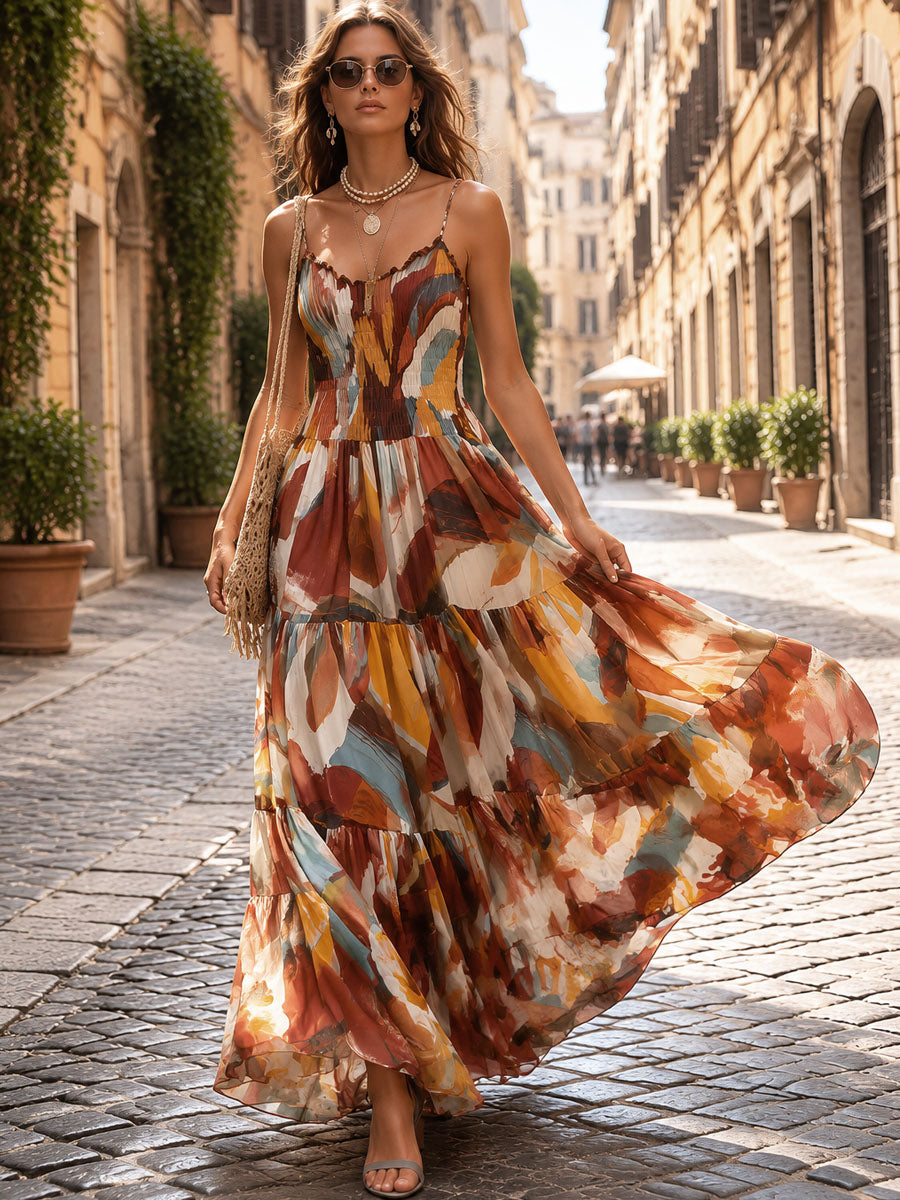 Πολύχρωμο Αφηρημένο Boho Μάξι Φόρεμα με Σμιγμένο Στήθος