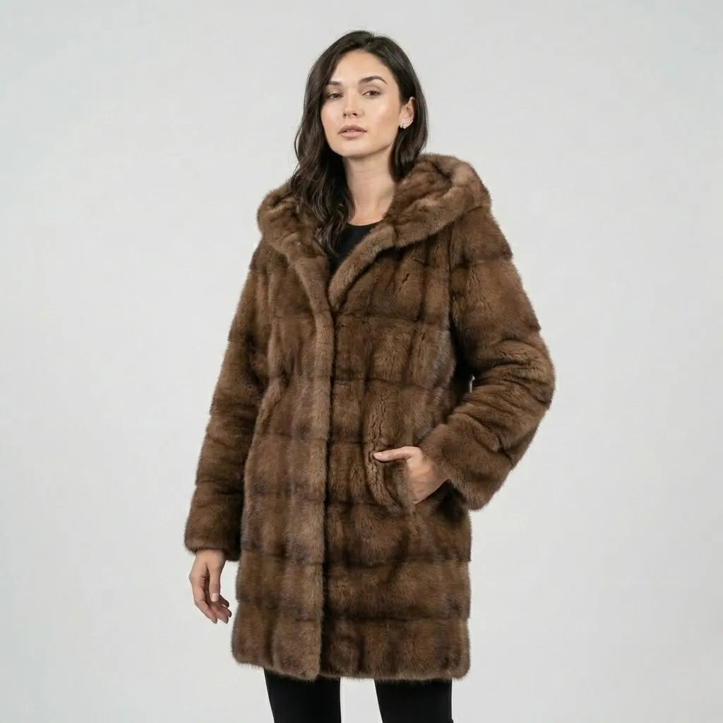 Μακρύ oversized παλτό από συνθετική γούνα με κουκούλα