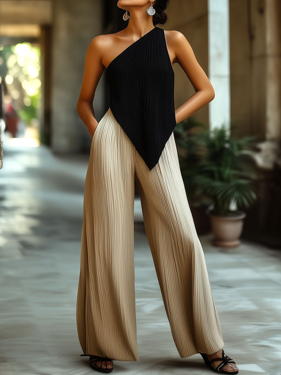 Ασύμμετρο Πλισέ Τοπ με Μινιμαλιστικό Σχέδιο και Έναν Ώμο