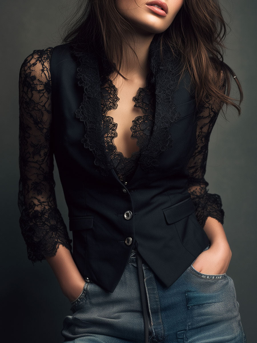 Elegant Μαύρο Μπλέιζερ με Δαντελένια Μανίκια
