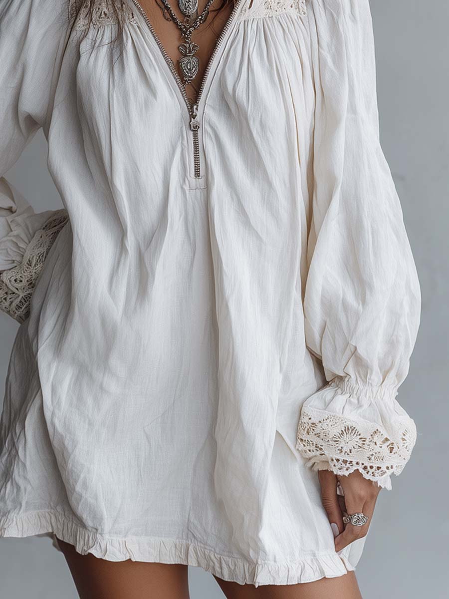 Retro-Inspired Zip-Up Collar White Mini Dress with Lace Trim