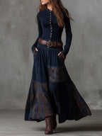 Retro Patchwork Suede Maxi Dress Featuring Plaid Accents