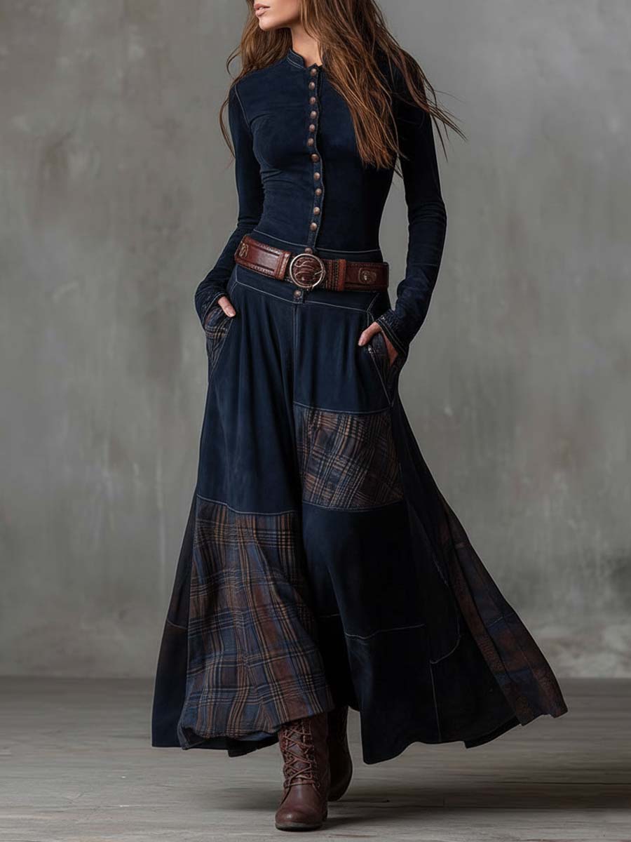 Retro Patchwork Suede Maxi Dress Featuring Plaid Accents