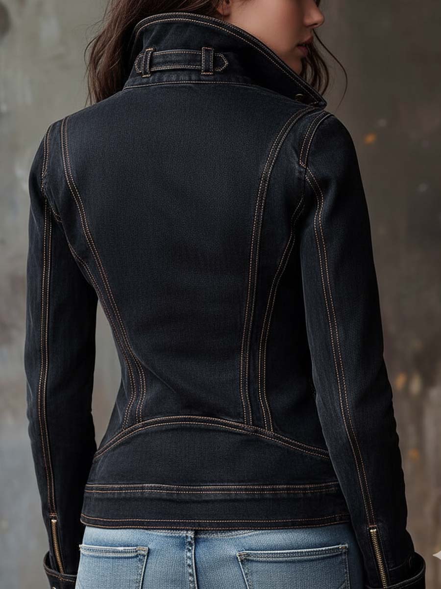 Vintage Washed Denim Biker Jacket – Dark Grey Edge