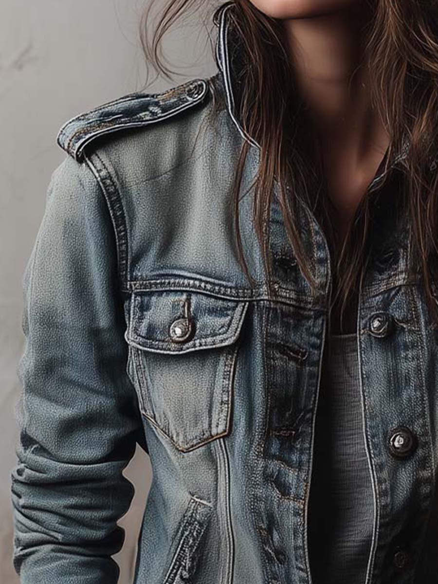 Πλυμένο και Φθαρμένο Τζάκετ Denim με Επικαλύψεις