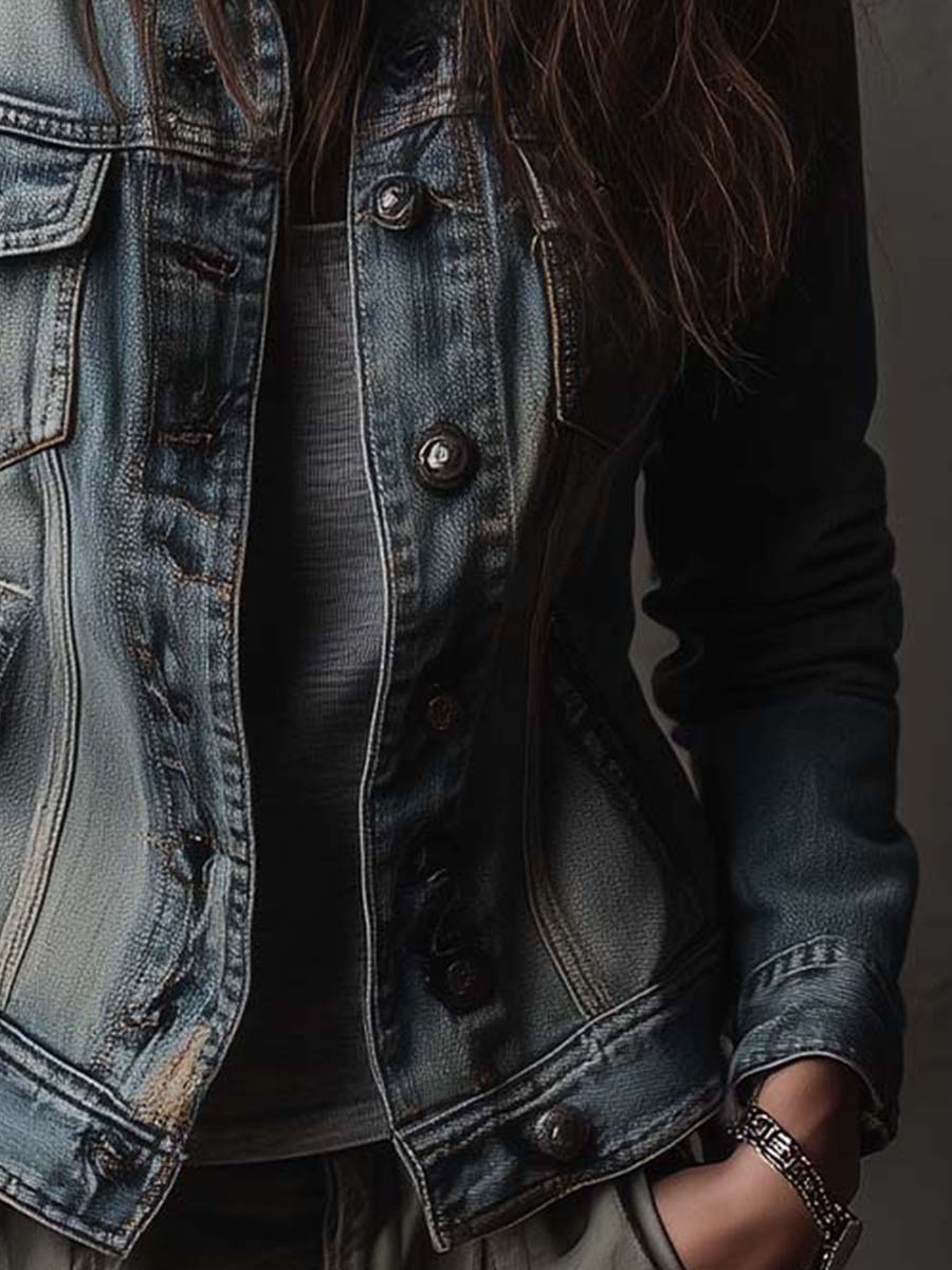 Πλυμένο και Φθαρμένο Τζάκετ Denim με Επικαλύψεις