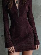 Retro Suede Mini Dress with Embroidered Lace Trim