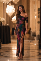 Ρετρό Elegant Galaxy Print One-Shoulder Ραμμένο Mesh Maxi Φόρεμα για Βραδινές Εξόδους