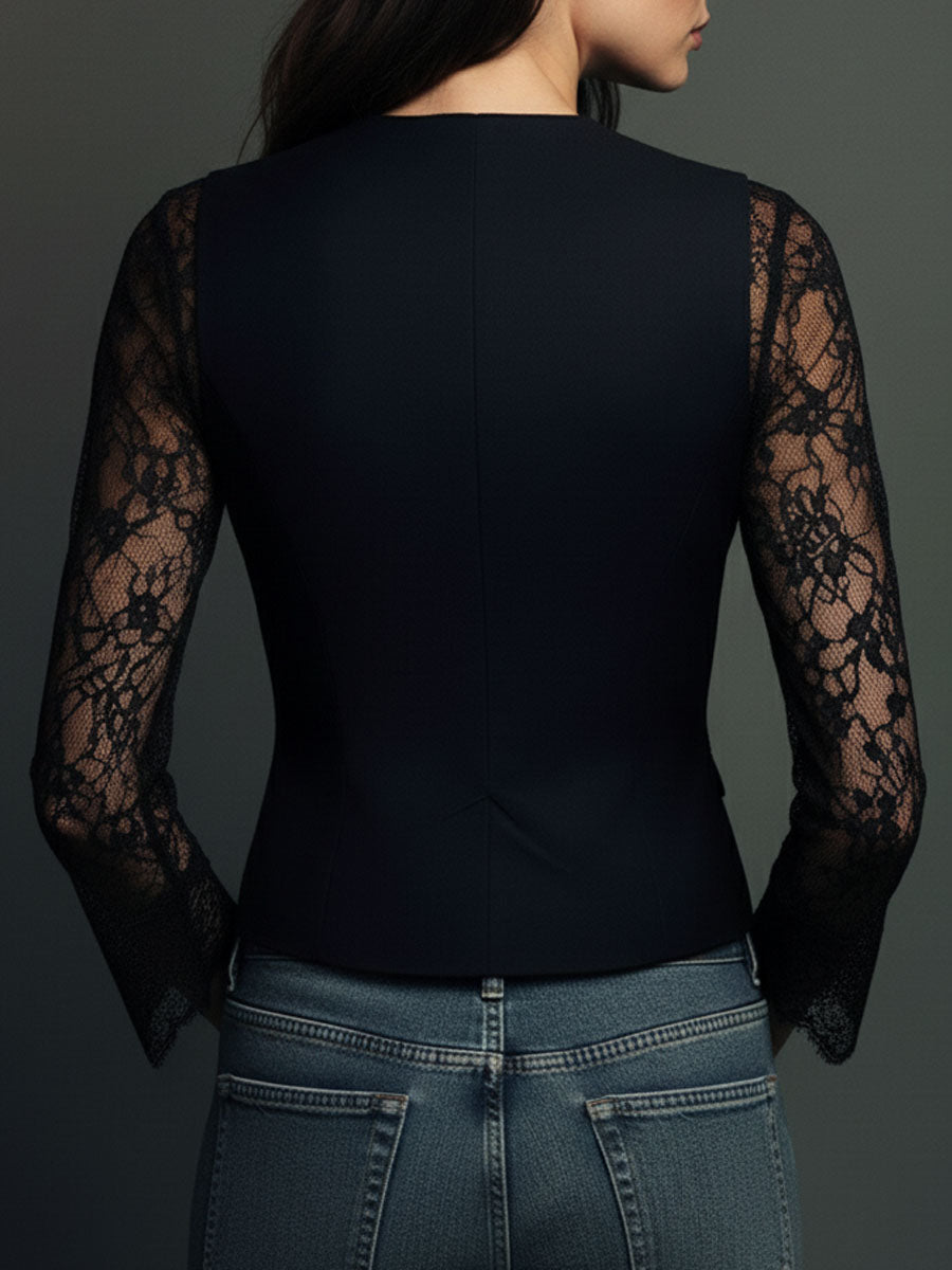 Elegant Μαύρο Μπλέιζερ με Δαντελένια Μανίκια