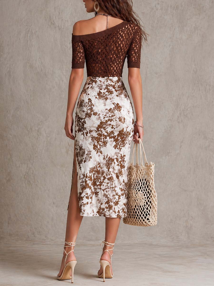 Καφέ Πλεκτό Τοπ Χωρίς Ώμους με Vintage Floral Midi Φούστα - Σετ Δύο Κομματιών
