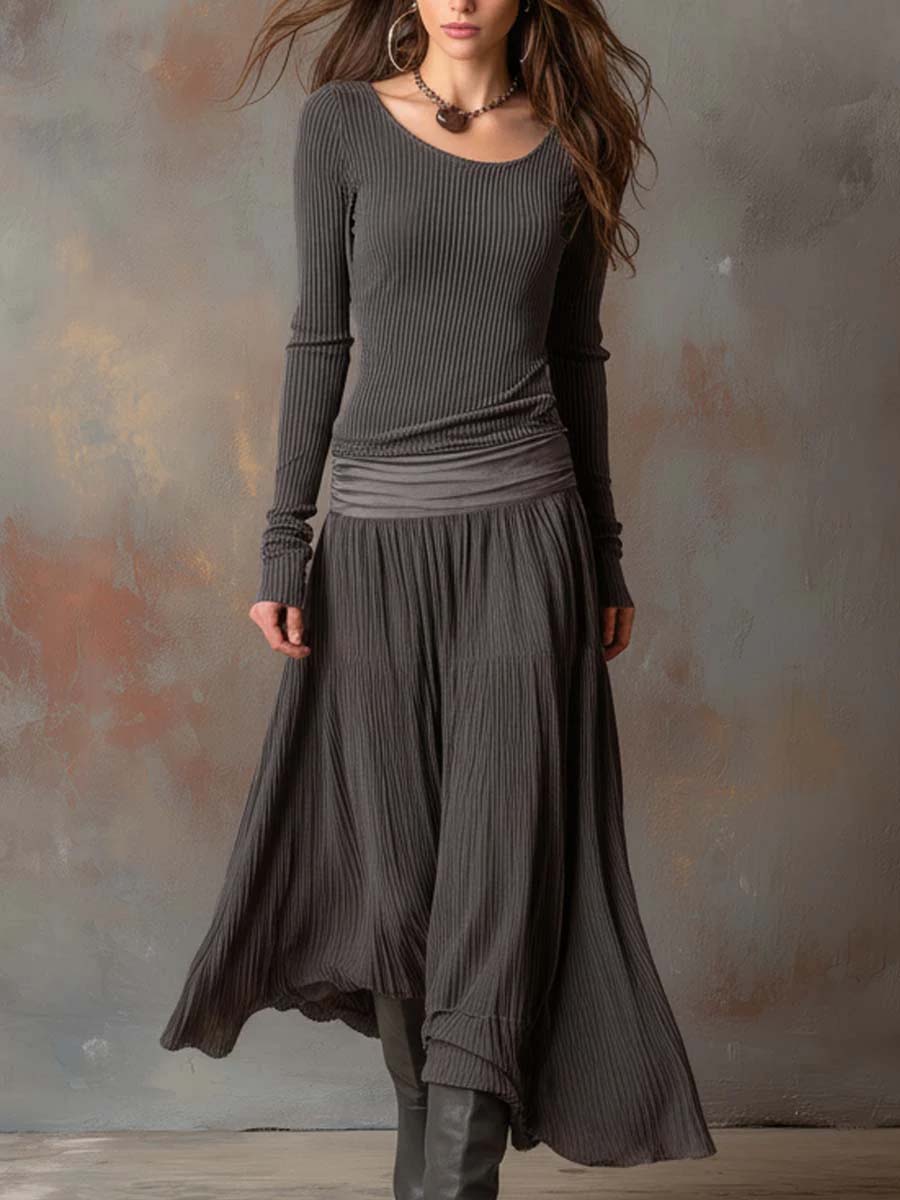 Charcoal Gray Vintage Ribbed Knit Maxi Dress