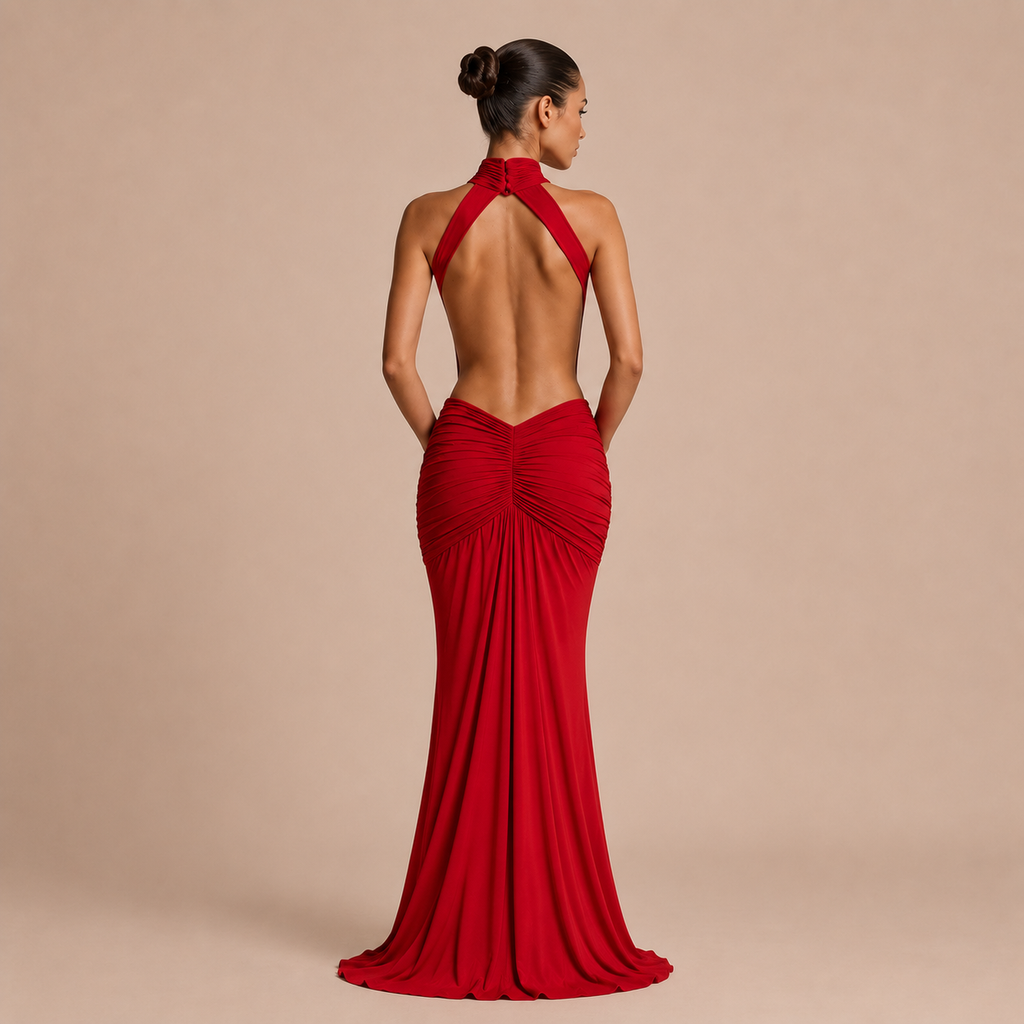 Pilar - Maxi Halter Dress with High Neck and Open Waist, Mermaid Silhouette