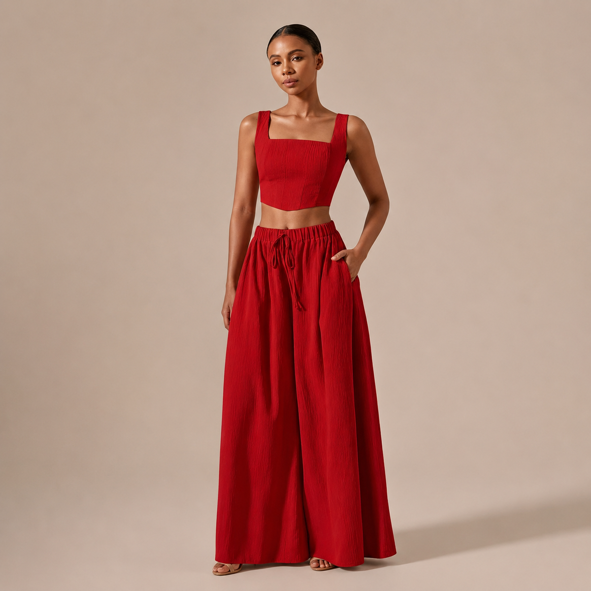 Rocía - Σετ Crop Top με Ευθεία Λαιμόκοψη και Palazzo Παντελόνι με Κορδόνι