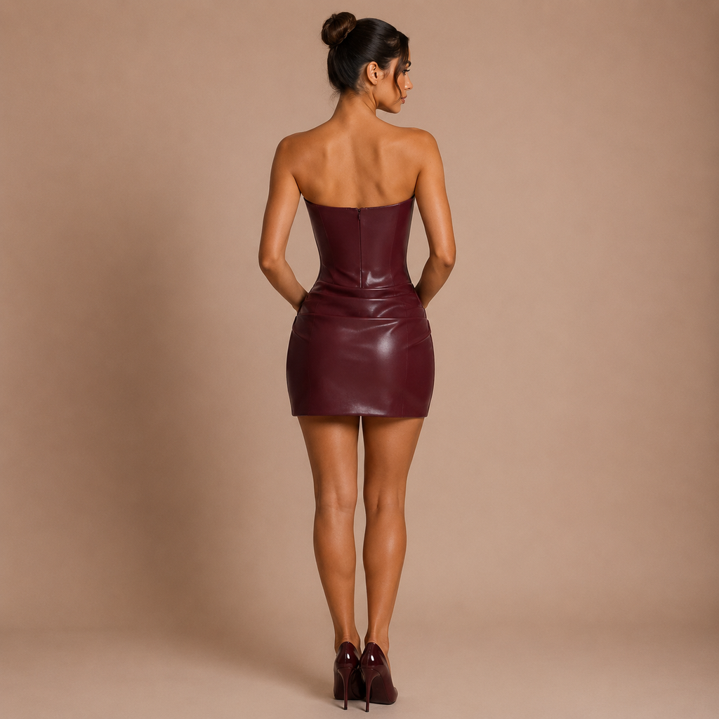 Beatriz - Strapless Mini Leather Dress with Structured Corset and Paneled Skirt