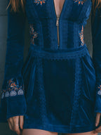 Μπλε Βελούδινο Μίνι Φόρεμα Boho με Φερμουάρ και Δαντέλα