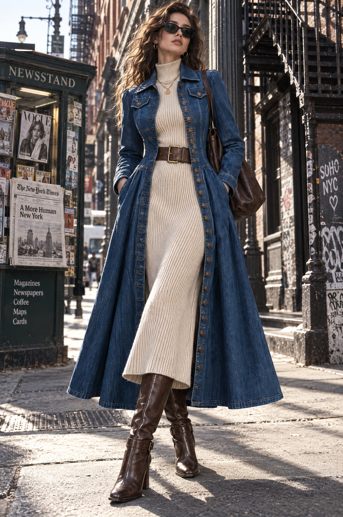 Ρετρό Μακρύ Τζιν Παλτό με Μονόκουμπο και Εφαρμοστή Γραμμή
