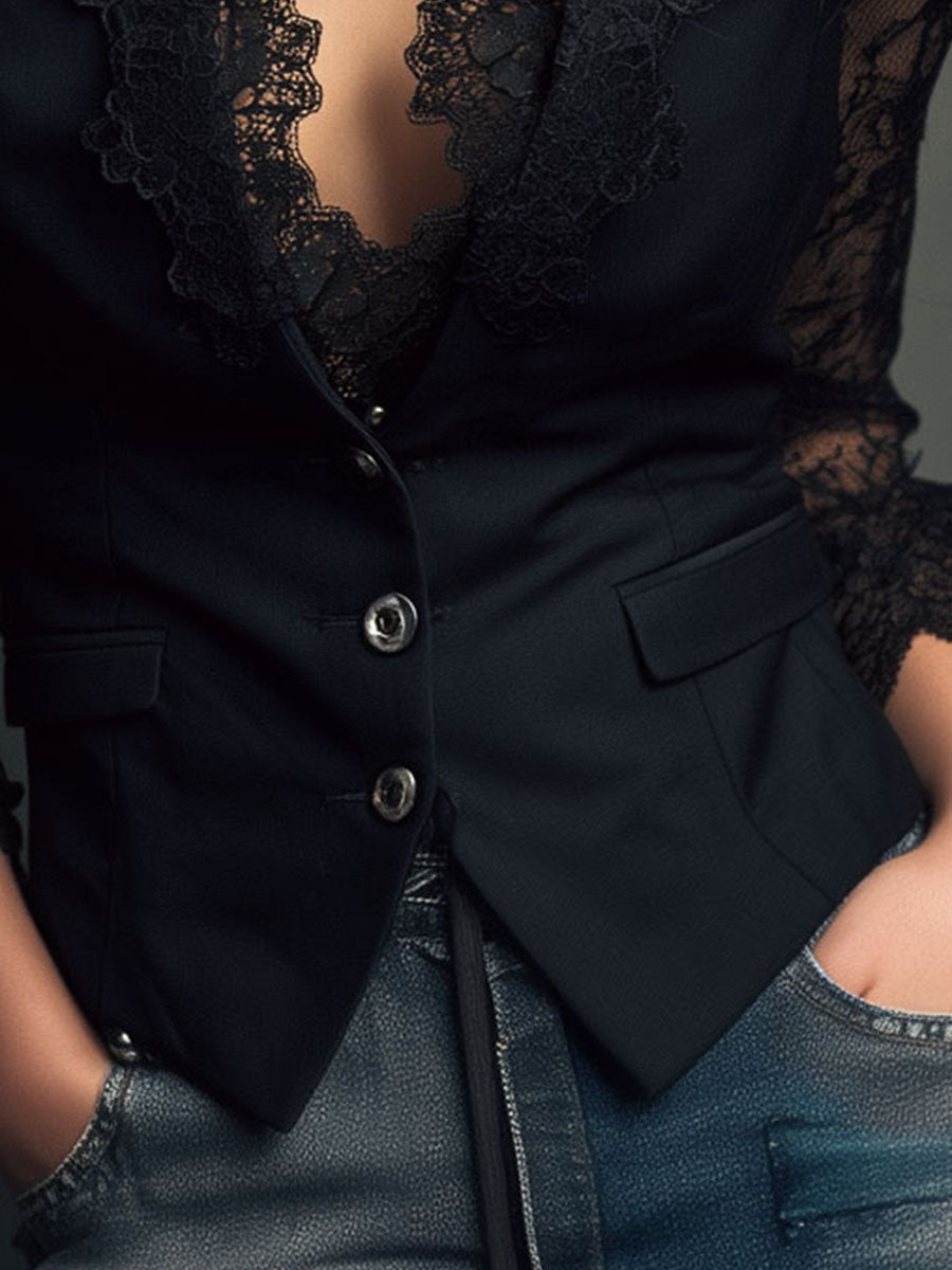 Elegant Μαύρο Μπλέιζερ με Δαντελένια Μανίκια