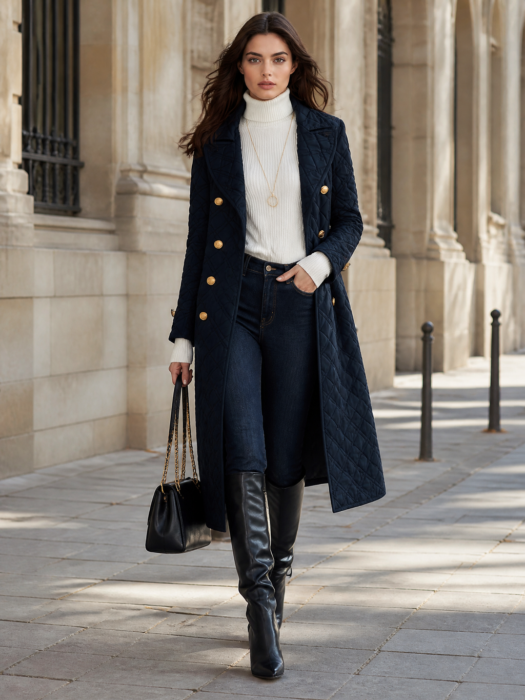 Retro Bohemian Midnight Quilted Double-Breasted Duster Jacket