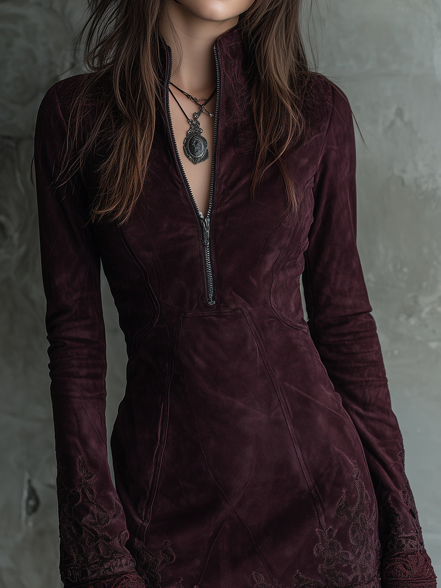 Retro Suede Mini Dress with Embroidered Lace Trim