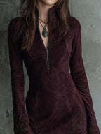 Retro Suede Mini Dress with Embroidered Lace Trim