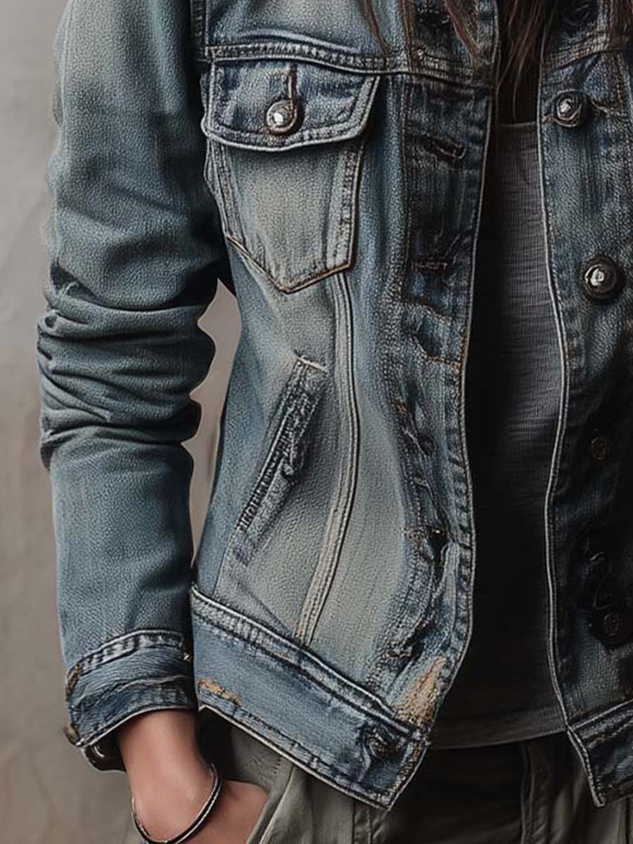 Πλυμένο και Φθαρμένο Τζάκετ Denim με Επικαλύψεις