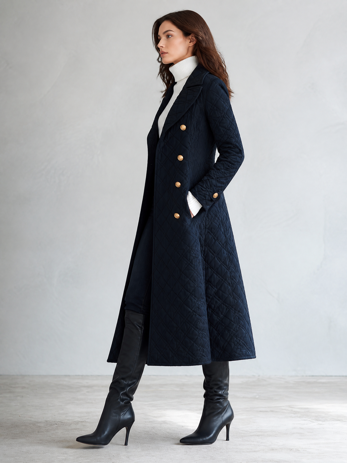Retro Bohemian Midnight Quilted Double-Breasted Duster Jacket